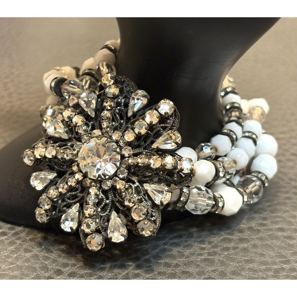 VTG EUGENE Haskell Designer Bracelet Milk Glass Rhinestone Flower Clasp Signed
